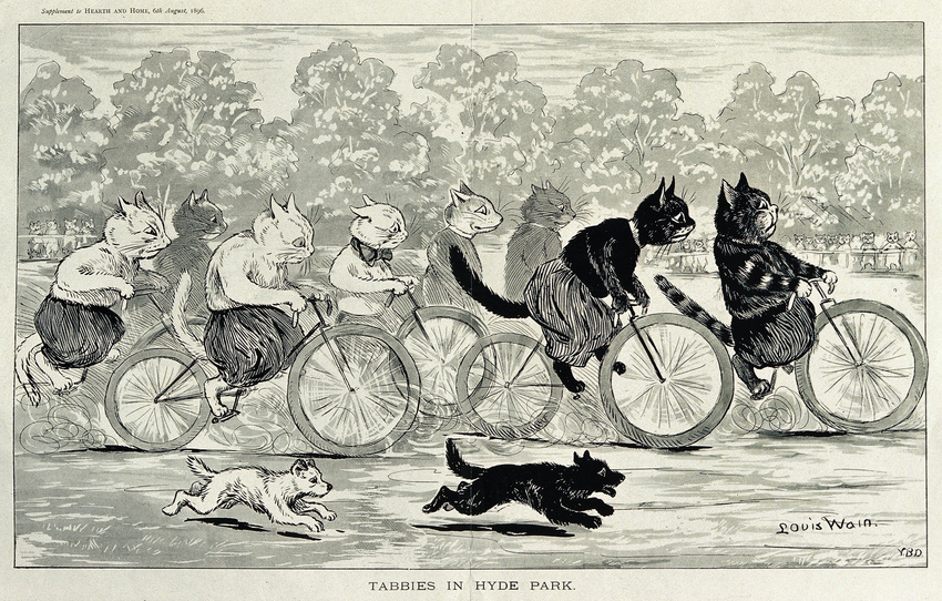 absurd_res ambiguous_gender bicycle biped black_fur by canine cat clothed clothing creative_commons crowd dog feline feral fur greyscale group half-dressed hi_res license_info louis_wain mammal monochrome outside public_domain quadruped race running semi-anthro topless traditional_media_(artwork) white_fur