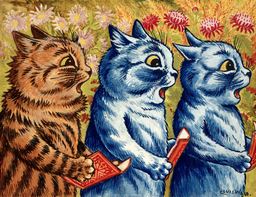 absurd_res ambiguous_gender blue_fur brown_fur by cat creative_commons feline flower fur group hi_res holding license_info louis_wain mammal open_mouth painting_(artwork) plant public_domain semi-anthro standing striped_fur stripes traditional_media_(artwork) whiskers white_fur yellow_eyes