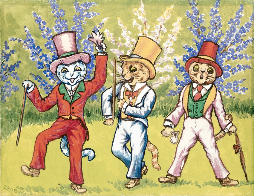 anthro biped bow_tie by cane cat clothed clothing creative_commons dancing feline flower footwear gloves grass group hat hi_res license_info louis_wain male mammal necktie on_one_leg open_mouth outside painting_(artwork) pants plant plantigrade public_domain shoes smile standing top_hat traditional_media_(artwork) whiskers yellow_eyes