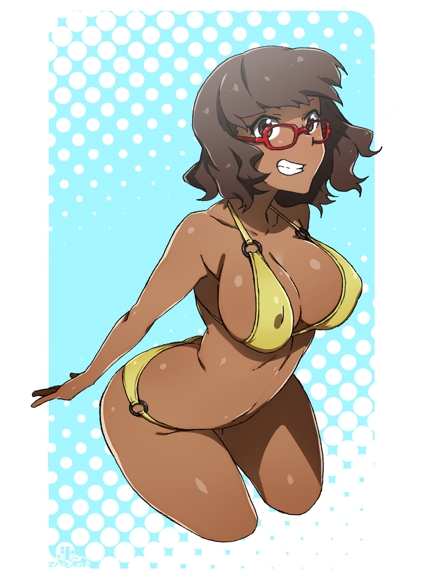 bikini breasts brown_eyes brown_hair cleavage covered_nipples cowboy_shot cropped_legs curvy dark_skin glasses halftone halftone_background highres kamezaemon kasshoku_kyonyuu_megane-san_(kamezaemon) large_breasts original red-framed_eyewear smile solo swimsuit