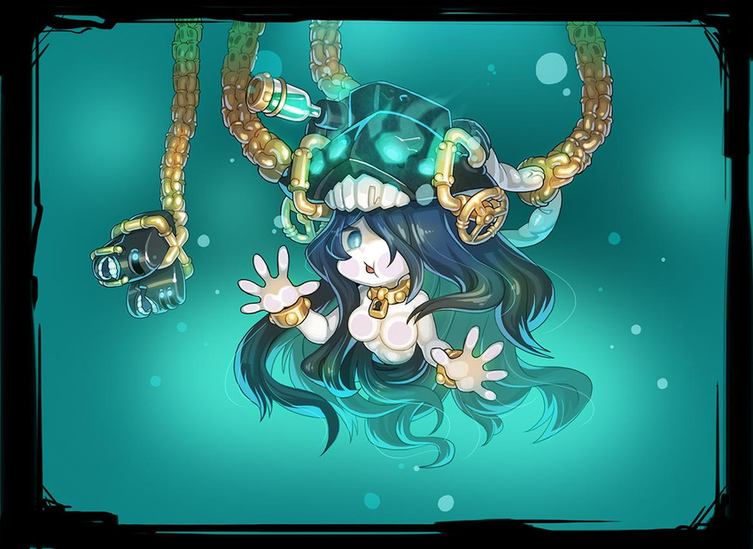 black_hair blue_eyes breasts chain chaki_(teasets) commentary_request hair_over_one_eye hat in_water kantai_collection long_hair looking_at_viewer medium_breasts nude open_mouth pale_skin shinkaisei-kan so-class_submarine solo submerged upper_body water white_skin