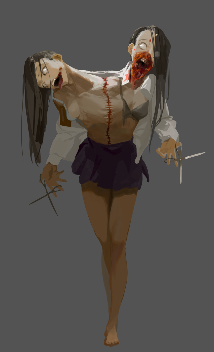 attall barefoot black_hair blood breasts conjoined creepy guro hair_over_one_eye highres long_hair nanbo_ataru_(attall) no_pupils open_clothes open_mouth open_shirt original scissors shirt sideboob simple_background skirt stitches zombie