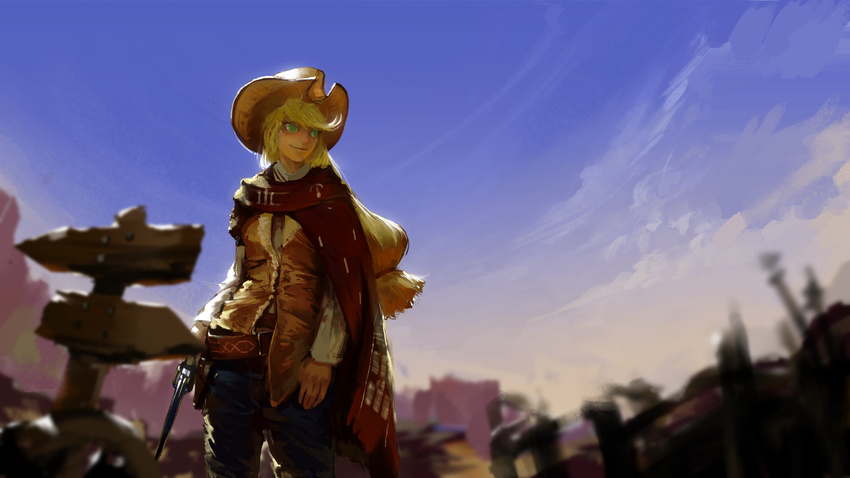 a_fistful_of_dollars aci aci_(hyc123cyh321) applejack commentary cosplay gun handgun highres long_hair man_with_no_name man_with_no_name_(cosplay) my_little_pony my_little_pony_friendship_is_magic personification pistol solo weapon western