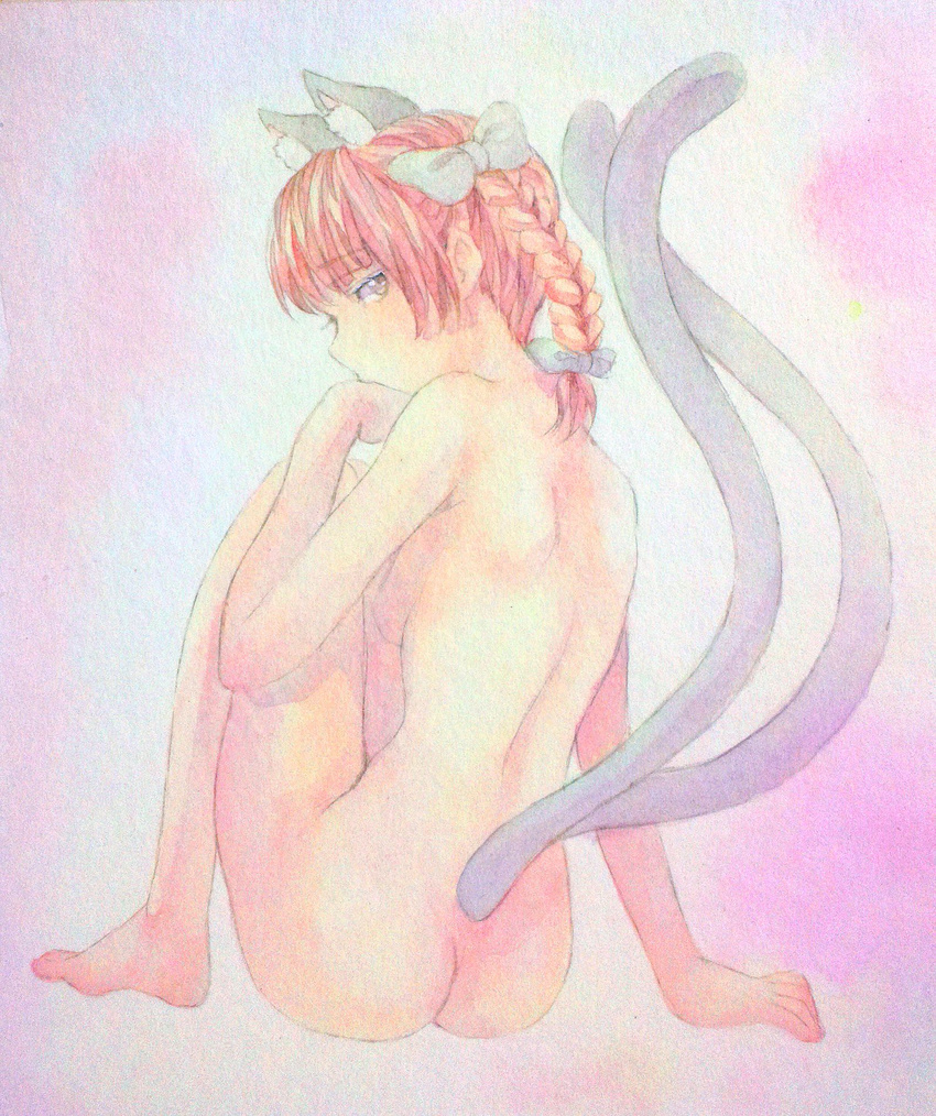animal_ears arm_support ass bow braid breasts cat_ears cat_tail covering_mouth from_behind full_body hair_bow highres kaenbyou_rin legs_up looking_at_viewer looking_back multiple_tails nude pink_background red_eyes red_hair shoulder_blades sideboob small_breasts solo tail touhou traditional_media twin_braids watercolor_(medium) yuyu_(00365676)