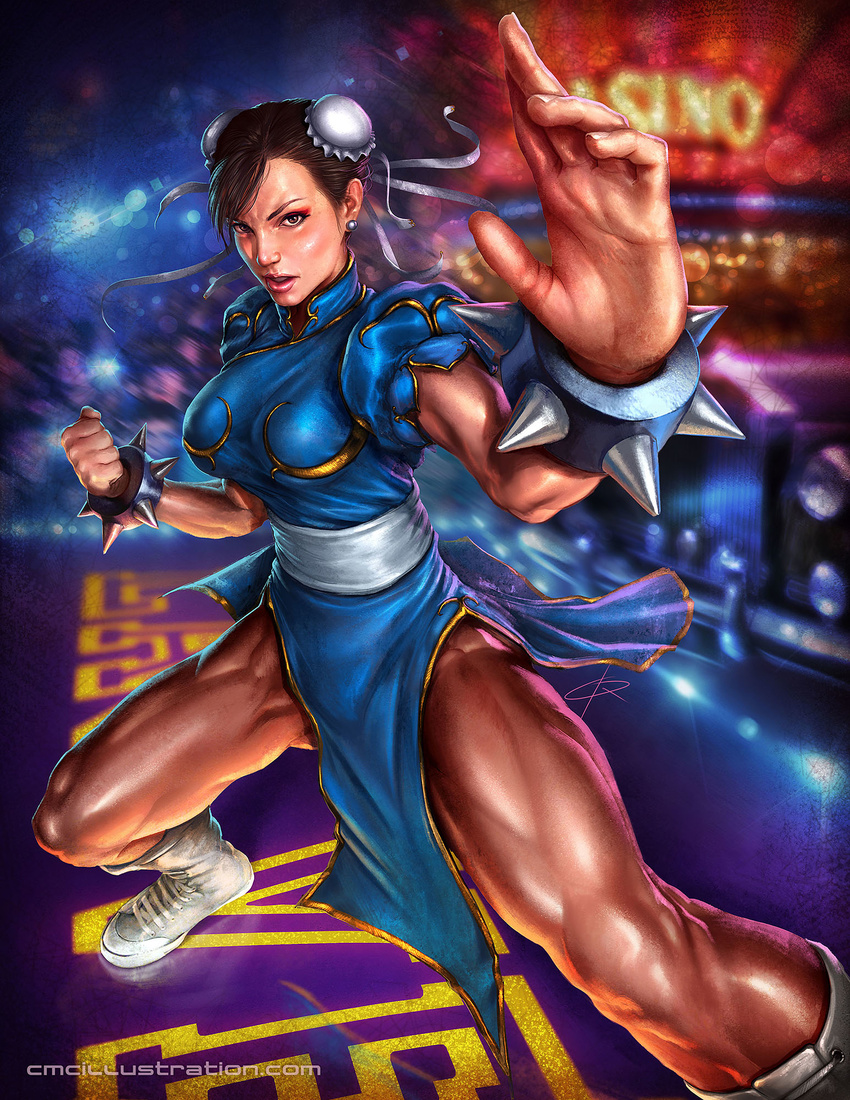 boots bracelet breasts brown_hair bun_cover cheekbones china_dress chinese_clothes chun-li cristian_melian double_bun dress fighting_stance foreshortening highres jewelry large_breasts muscle muscular_female pantyhose pelvic_curtain realistic sash spiked_bracelet spikes street_fighter thick_thighs thighs