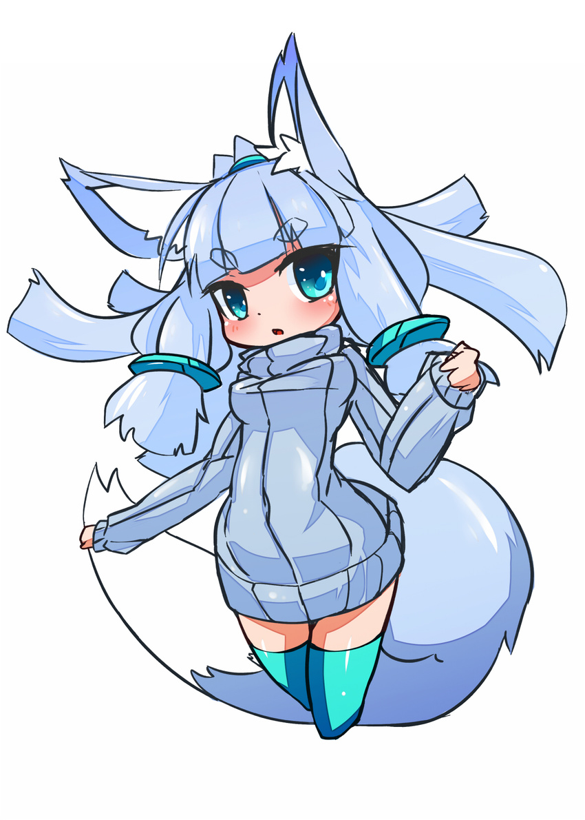 animal_ears aqua_eyes aqua_legwear arched_back bangs big_hair blue_sweater blunt_bangs blush breasts chestnut_mouth covered_navel cropped_legs eyebrows eyebrows_visible_through_hair fox_ears fox_girl fox_tail highres impossible_clothes impossible_sweater kedamaton kogetsu_tooka light_blue_hair long_sleeves looking_at_viewer open_mouth original ribbed_sweater short_eyebrows sidelocks simple_background sleeves_past_wrists solo sweater tail thick_eyebrows thighhighs turtleneck turtleneck_sweater v-shaped_eyebrows white_background