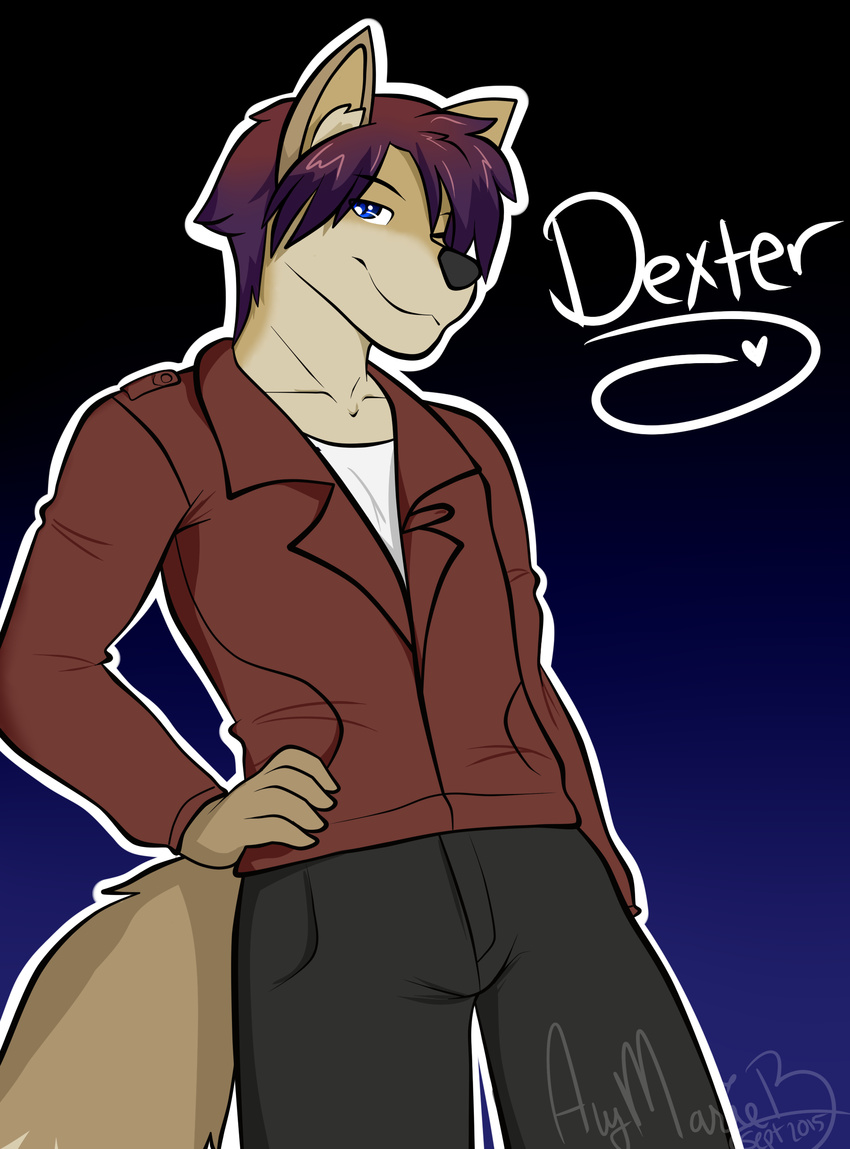 2015 alymarieb anthro blue_background blue_eyes brown_fur canine clothed clothing dexter_(powfooo) fur hair hand_on_hip jacket looking_at_viewer mammal one_eye_closed pose simple_background smirk solo standing tight_jeans wink wolf