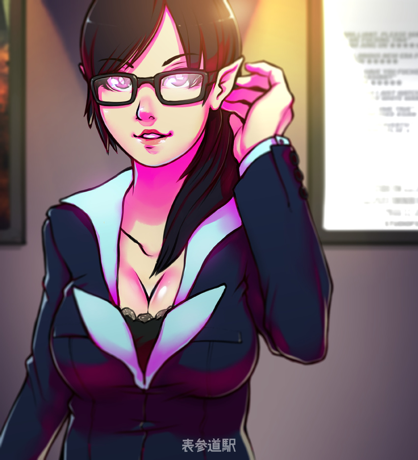 bad_id bad_tumblr_id black_hair borrowed_character breasts cleavage elf erica_june_lahaie formal fow-chan glasses highres lace_trim large_breasts lips long_hair mascot nose original pointy_ears solo suit