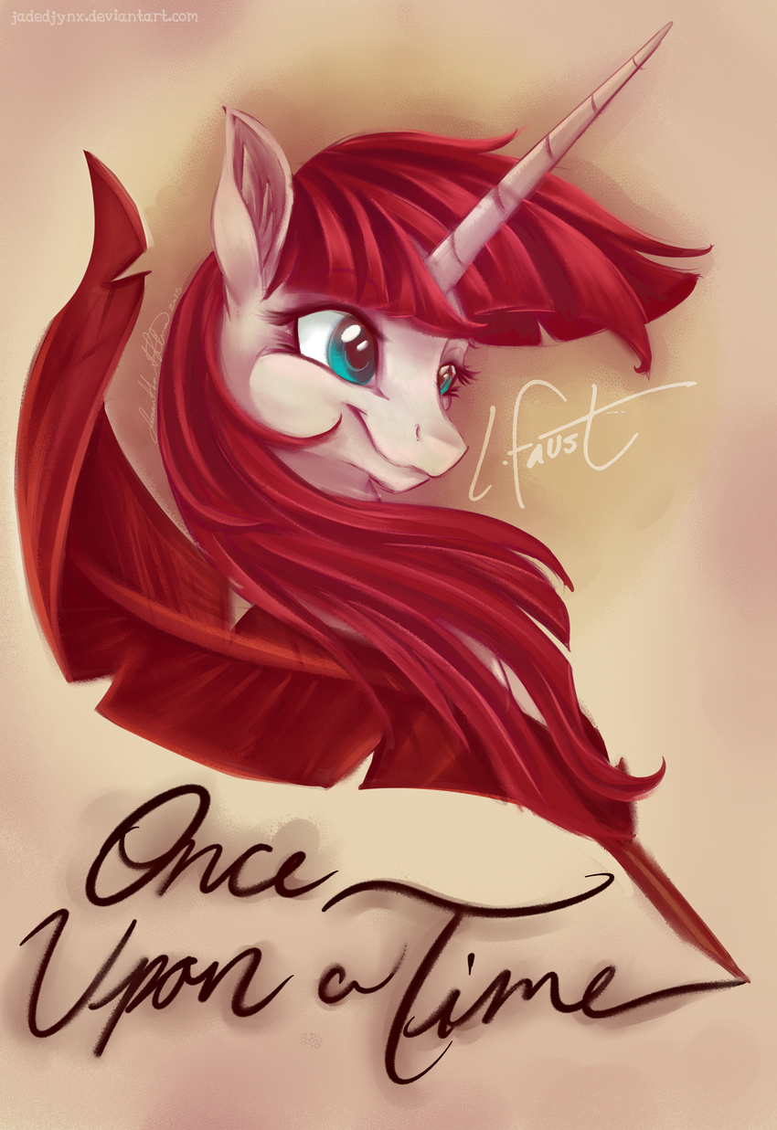 2015 blue_eyes english_text equine feathers female hair horn jadedjynx lauren_faust_(character) loose_feather mammal my_little_pony portrait quill red_hair solo text winged_unicorn wings