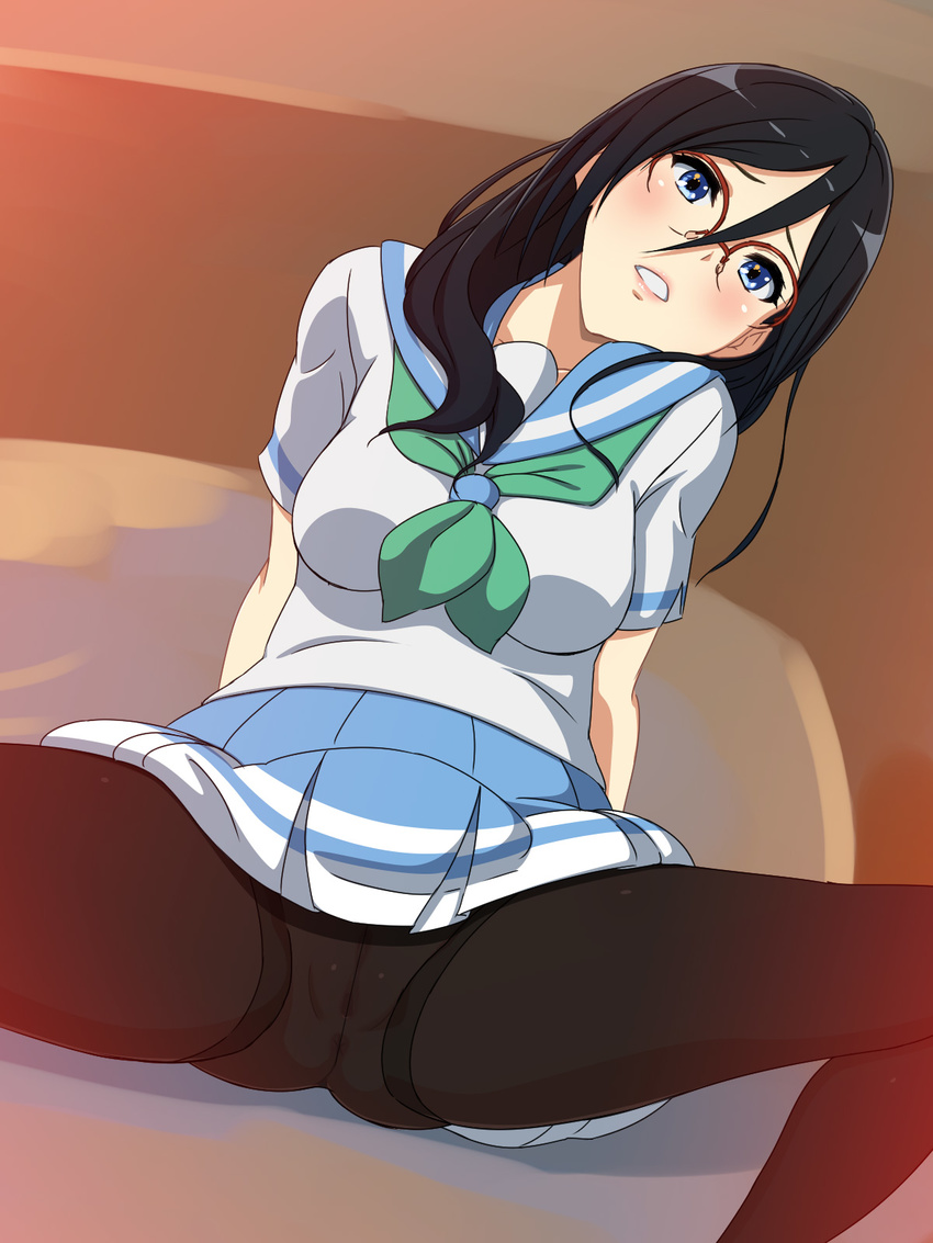 1girl anus ass black_hair blue_eyes blush breasts female glasses hibike!_euphonium large_breasts legs long_hair looking_at_viewer no_panties over-rim_glasses pantyhose pussy red-framed_glasses school_uniform semi-rimless_glasses sitting skirt solo spread_legs tanaka_asuka thighs uncensored yuki_(12cut)