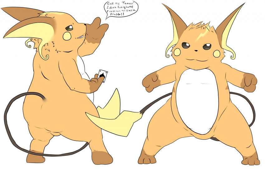 ace_of_spade action_pose butt card chubby dialogue digital_media_(artwork) english_text fan_character featureless_crotch flat_colors heibanhikaru male nintendo playing_card pok&eacute;mon raichu solo spread_legs spreading standing talking_to_viewer text video_games