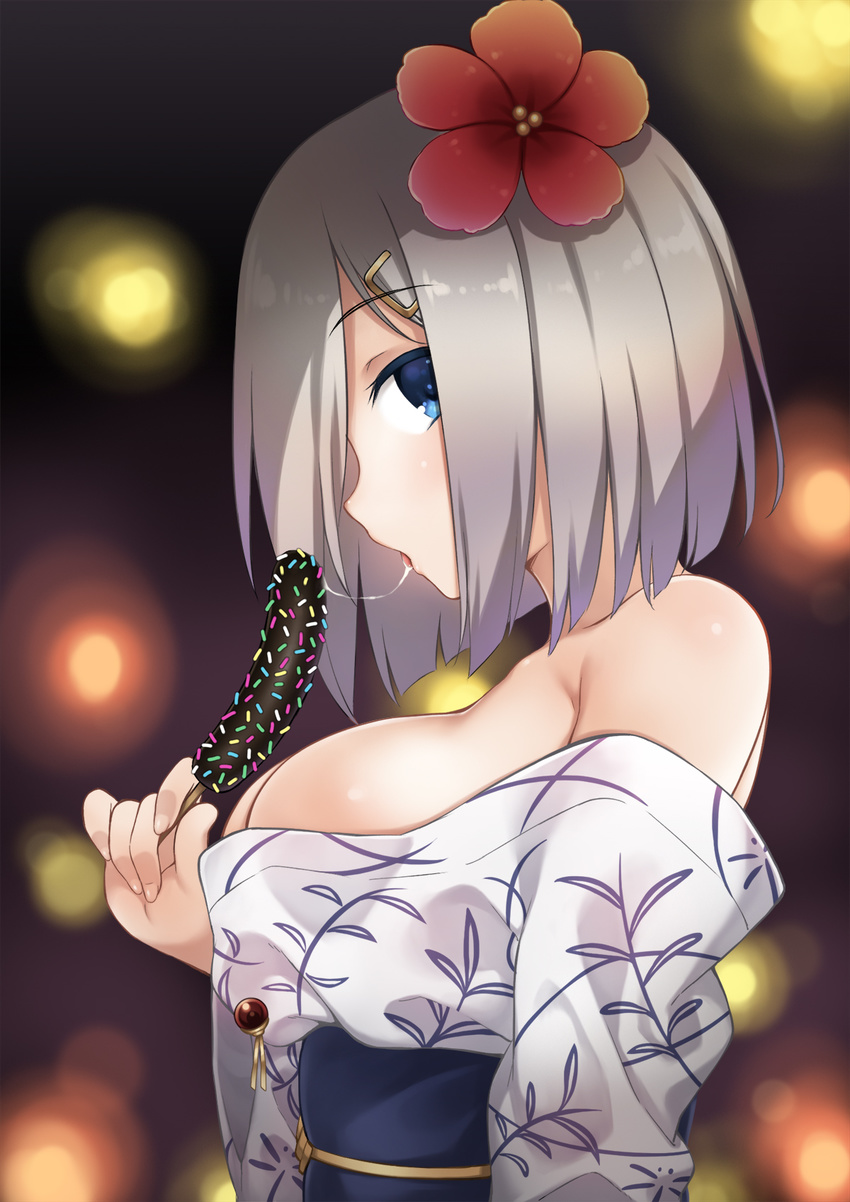 blue_eyes blush bob_cut breasts chocolate_banana commentary_request flower hair_flower hair_ornament hair_over_one_eye hairclip hamakaze_(kantai_collection) highres japanese_clothes kantai_collection kimono large_breasts looking_at_viewer obi open_mouth ren_san saliva saliva_trail sash sexually_suggestive short_hair silver_hair solo tongue tongue_out yukata