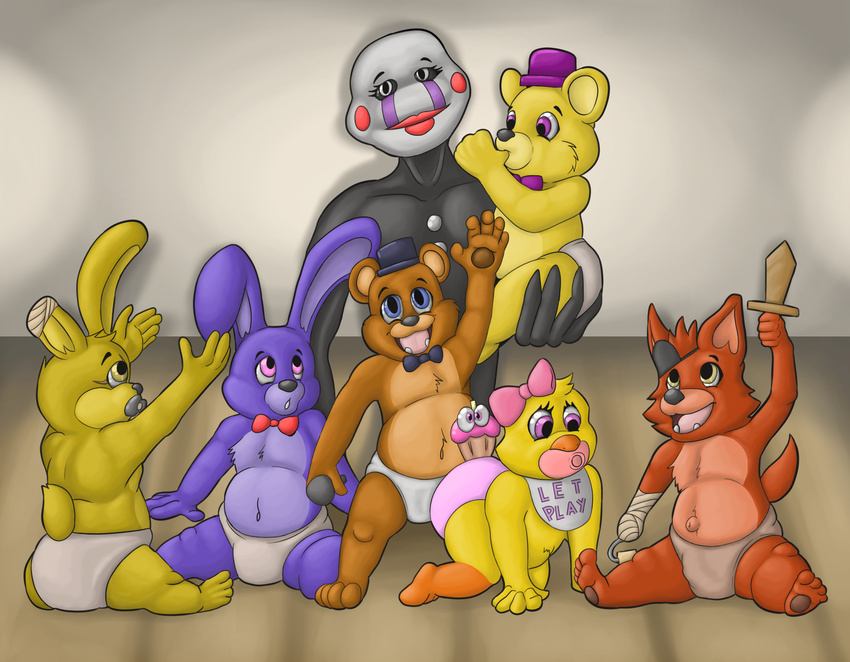 avian baby bear bellies bird bonnie_(fnaf) bow_tie canine chica_(fnaf) chicken cub cupcake_(fnaf) diaper five_nights_at_freddy's five_nights_at_freddy's_2 fox foxy_(fnaf) fredbear_(fnaf) freddy_fazbear_(fnaf) hat lagomorph mammal marionette_(fnaf) navel parody pirate playing pretend puppet rabbit springtrap_(fnaf) stage video_games wolfgerlion64 young