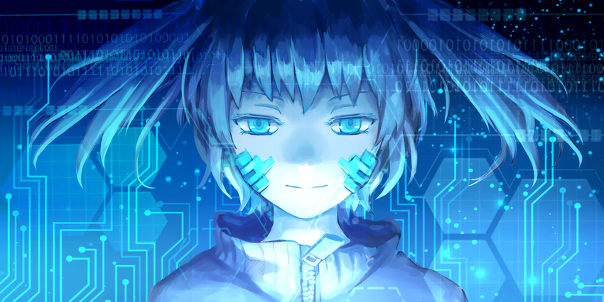 aoiakamaou binary blue_eyes closed_mouth ene_(kagerou_project) facial_mark gradient gradient_background highres honeycomb_(pattern) honeycomb_background kagerou_project looking_at_viewer monochrome short_hair smile solo twintails