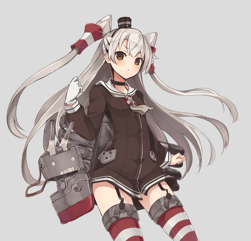 :&lt; amatsukaze_(kantai_collection) breasts brown_eyes closed_mouth cowboy_shot cradle_(2849) dress garter_straps gloves grey_background hair_tubes highres kantai_collection long_hair long_sleeves looking_at_viewer rensouhou-kun sailor_dress short_dress silver_hair simple_background single_glove small_breasts solo striped striped_legwear thighhighs two_side_up v-shaped_eyebrows white_gloves