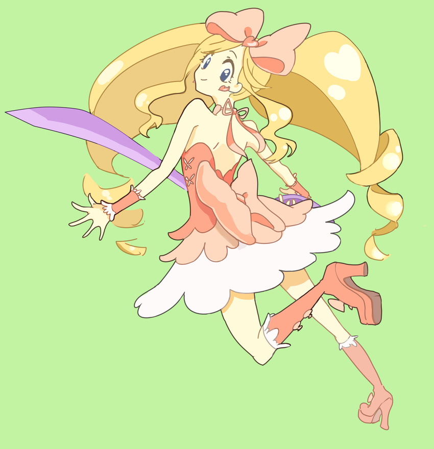 blonde_hair blue_eyes boots dress drill_hair harime_nui high_heel_boots high_heels kill_la_kill long_hair pink_dress simple_background solo strapless_dress twin_drills weapon