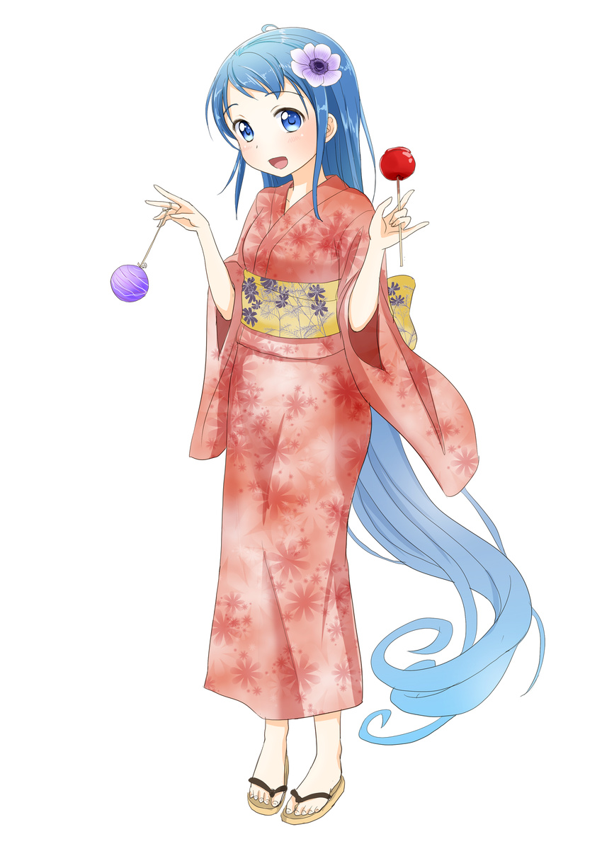 :d absurdly_long_hair alternate_costume bangs blue_eyes blue_hair candy_apple flower food full_body hair_flower hair_ornament highres japanese_clothes kantai_collection kimono long_hair looking_at_viewer obi open_mouth red_kimono samidare_(kantai_collection) sandals sash shimazaki_mujirushi smile solo standing transparent_background very_long_hair water_yoyo yukata