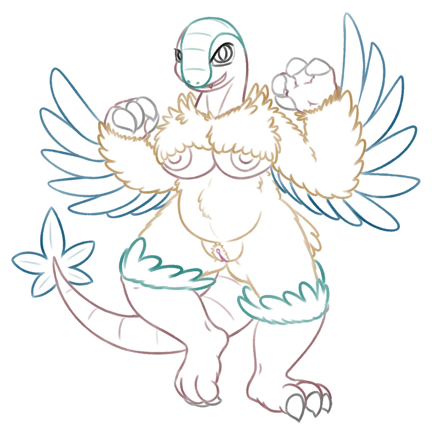 anthro archeops avian breasts claws feathers female looking_at_viewer mammal nintendo nipples nude pok&eacute;mon posexe pussy simple_background smile solo video_games white_background wings