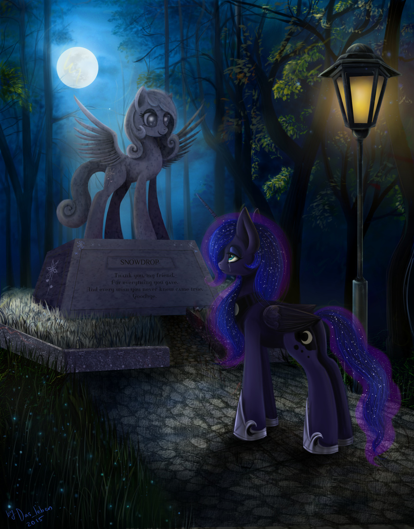 2015 blue_hair crying das-leben equine fan_character friendship_is_magic hair horn light mammal moon my_little_pony night pegasus princess_luna_(mlp) sculpture snowdrop_(character) sparkles statue tears tree upset winged_unicorn wings