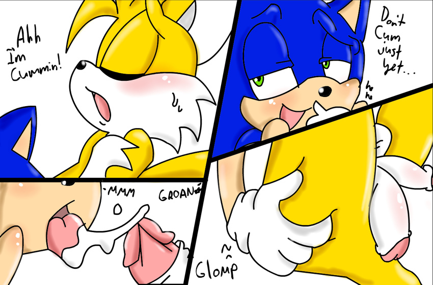 blush clothing cum cum_on_tongue gloves green_eyes grope male miles_prower multi_penis open_mouth oral penis perverted_bunny sonic_(series) sonic_the_hedgehog sweat tongue