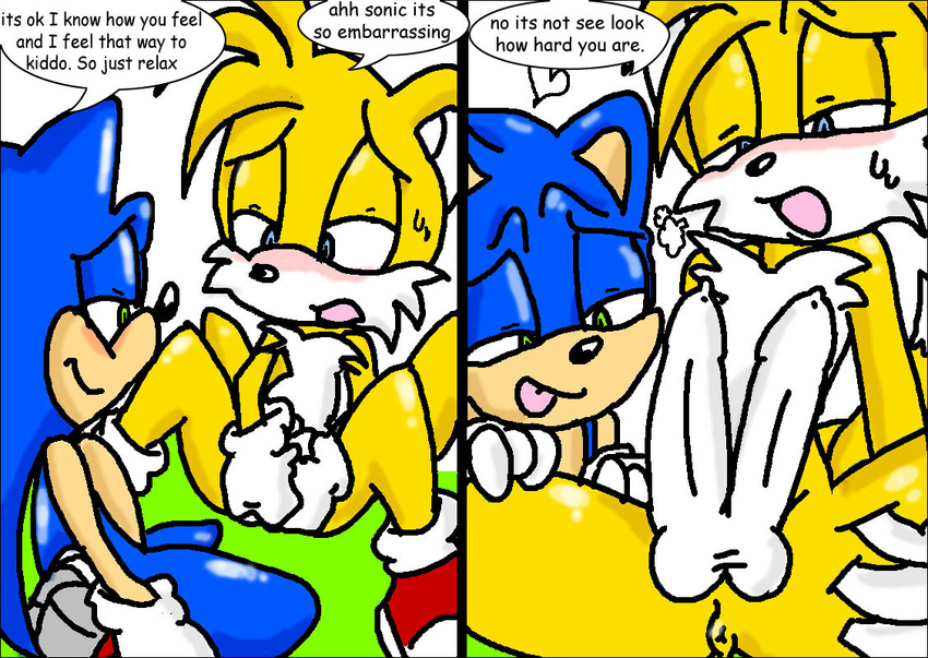 anus balls blue_eyes blush dialogue green_eyes male miles_prower multi_penis penis perverted_bunny sonic_(series) sonic_the_hedgehog sweat uncut