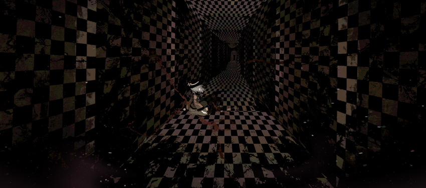 checkered checkered_floor hallway highres komeiji_koishi one_knee perspective shadow solo touhou yoshioka_yoshiko