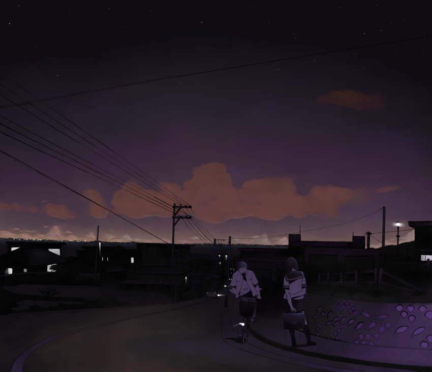 1girl bad_id bad_pixiv_id bicycle briefcase building city cityscape cloud couple ground_vehicle hetero jpeg_artifacts night original power_lines road scenery school_uniform shiira sky window