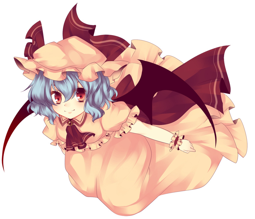 bad_id bad_pixiv_id bat_wings blue_hair hat highres red_eyes remilia_scarlet short_hair simple_background smile solo touhou uranaishi_(miraura) wings wrist_cuffs