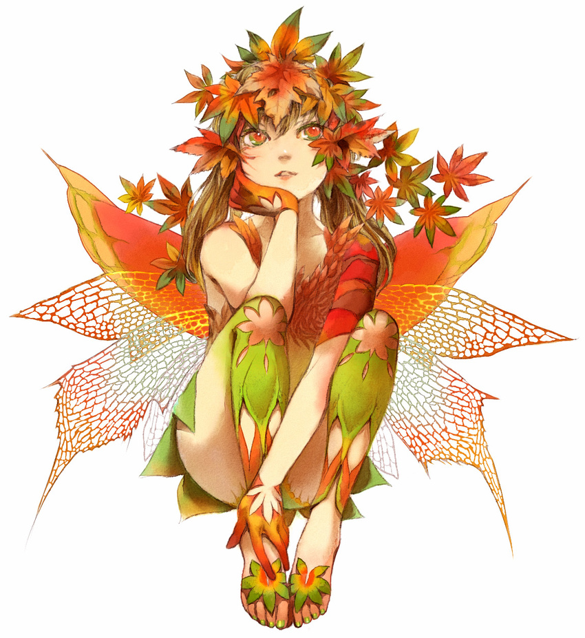 barefoot brown_hair fairy feet gloves hands highres ichihashi_makoto leaf leaf_clothing maple_leaf monster_girl multicolored multicolored_eyes original simple_background sitting solo wings