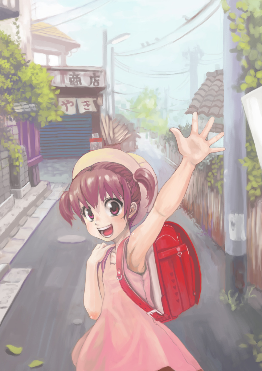 backpack bag brown_hair city cityscape cloud copyright_request day hat highres lights naao power_lines randoseru road scenery sign sky solo waving