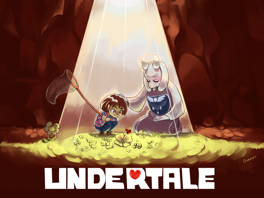 androgynous animal_ears artist_name brown_hair bug butterfly_net cave closed_eyes copyright_name daisy flower flowey_(undertale) frisk_(undertale) goat_ears goat_girl guzusuru hand_net hand_on_another's_head insect kneeling ladybug long_sleeves official_art open_eyes spotlight toriel undertale