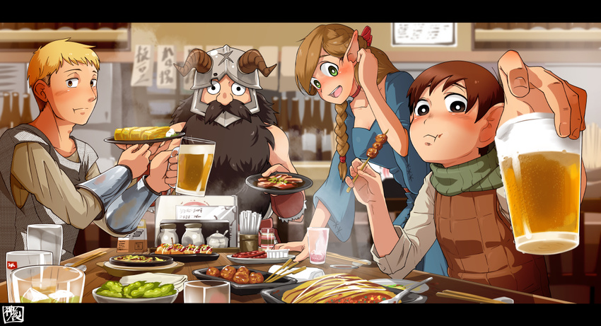 3boys adjusting_hair armor beard blonde_hair braid chilchuck commentary_request cup drinking_glass dungeon_meshi eating elf eyes facial_hair food green_eyes kaminosaki1 laios_(dungeon_meshi) long_hair marcille multiple_boys mustache plate pointy_ears scarf senshi_(dungeon_meshi) short_hair twin_braids