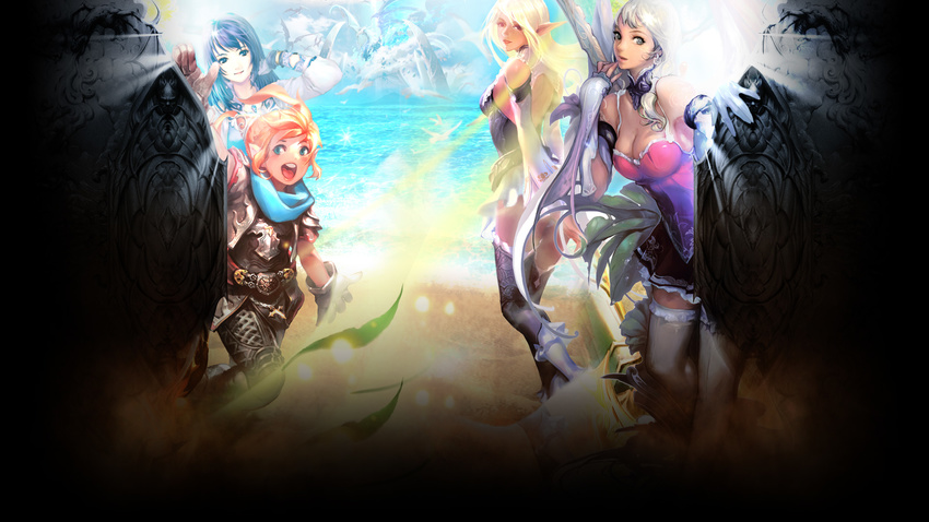 aion aqua_eyes armor arms_behind_back ass bird black_eyes blonde_hair blue_eyes blush breasts choker cleavage cleavage_cutout dove dragon dwarf_(lineage_2) earrings elf elf_(lineage_2) elyos fantasy from_behind gauntlets gloves grass highres human_(lineage_2) jewelry juno_jeong large_breasts leaning_forward lineage lineage_2 lips long_hair multiple_girls ocean open_mouth orange_hair panties pleated_skirt pointy_ears purple_hair scarf short_hair short_sleeves silver_eyes silver_hair single_wing skirt thighhighs underwear waving wings