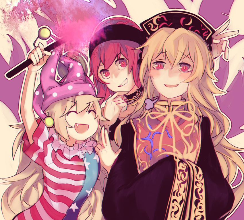 :d american_flag_dress american_flag_legwear bare_shoulders black_dress blonde_hair chain chinese_clothes chromatic_aberration clothes_writing clownpiece collar dress fang fire grin hat hecatia_lapislazuli highres jester_cap junko_(touhou) long_hair long_sleeves multiple_girls open_mouth polos_crown red_eyes red_hair sash shirt skirt smile star striped tabard torch touhou vento very_long_hair wide_sleeves