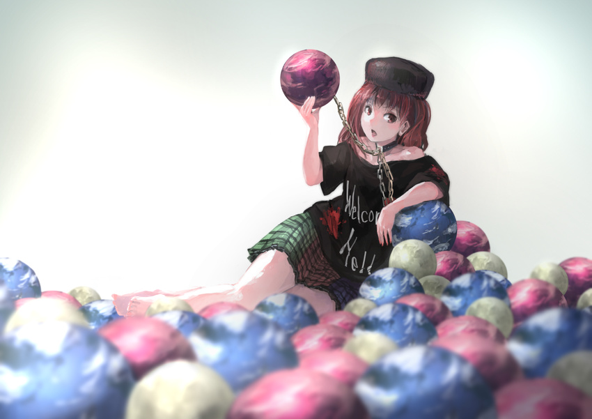 ball_pit bare_shoulders barefoot chain clothes_writing collar earth hat hecatia_lapislazuli ichiba_youichi looking_at_viewer moon off_shoulder open_mouth polos_crown red_eyes red_hair shirt sitting skirt solo touhou