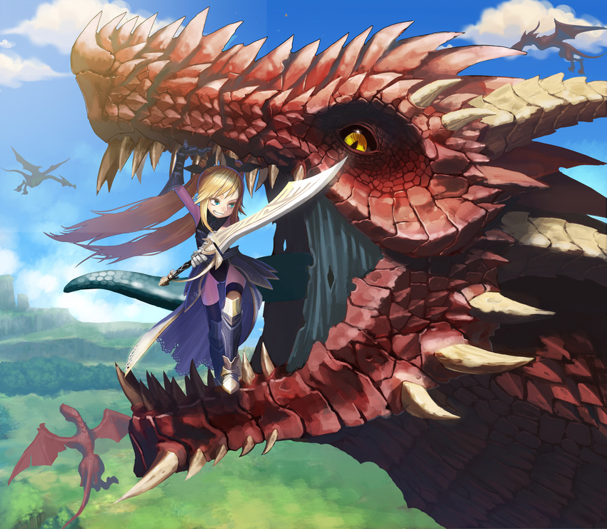 1girl armor armored_boots blonde_hair blue_eyes boots cloud day dragon fantasy flying gauntlets grin hair_ribbon highres horns mexican_standoff mouth_hold original ribbon sharp_teeth sky smile sword teeth tongue twintails weapon