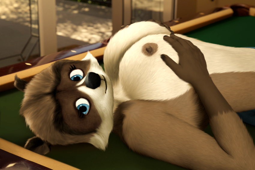 anthro anthrofied big_breasts breast_grab breasts crossgender dreamworks edit female lying mammal nipples over_the_hedge oystercatcher7 photo_manipulation photomorph pool_table raccoon rj_(over_the_hedge)