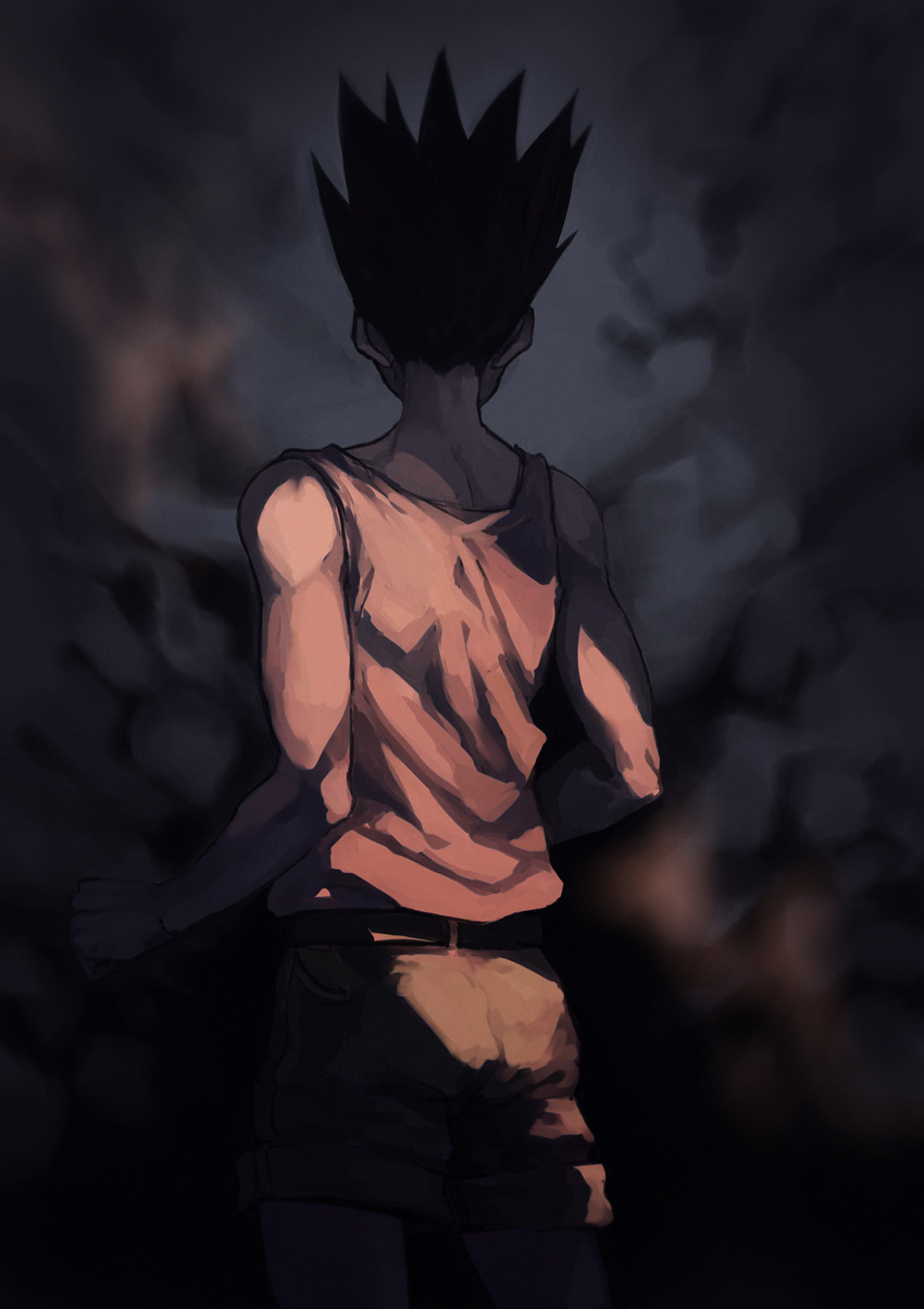 absurdres black_hair clenched_hand cowboy_shot dark from_behind gehirnkaefer gon_freecss highres hunter_x_hunter light male_focus shorts solo spiked_hair tank_top