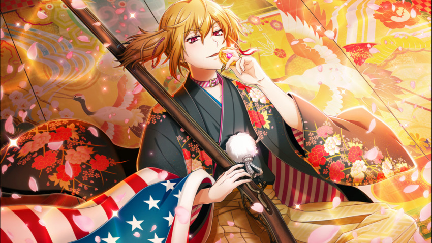 american_flag antique_firearm blonde_hair collar dutch_angle eyebrows_visible_through_hair firearm firelock flintlock floral_print game_cg gun hakama half-closed_eyes haori holding holding_gun holding_weapon japanese_clothes kentucky_(senjuushi) male_focus official_art petals pink_eyes rifle senjuushi:_the_thousand_noble_musketeers short_twintails sitting twintails weapon wide_sleeves wind wind_lift