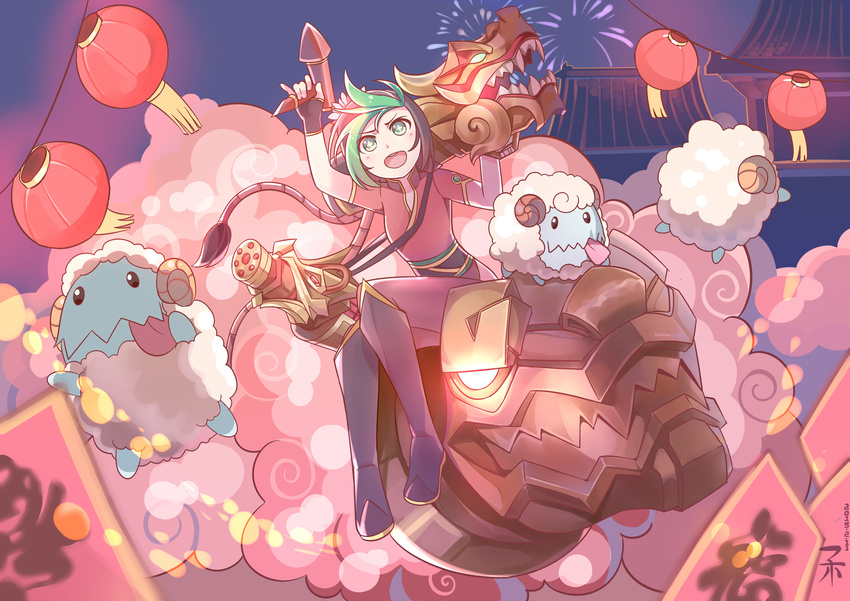 1girl female fireworks green_eyes hair_tubes jinx_(league_of_legends) league_of_legends long_hair multicolored_hair open_mouth poro_(league_of_legends) short_sleeves sitting sky solo tongue twintails zhainan_s-jun