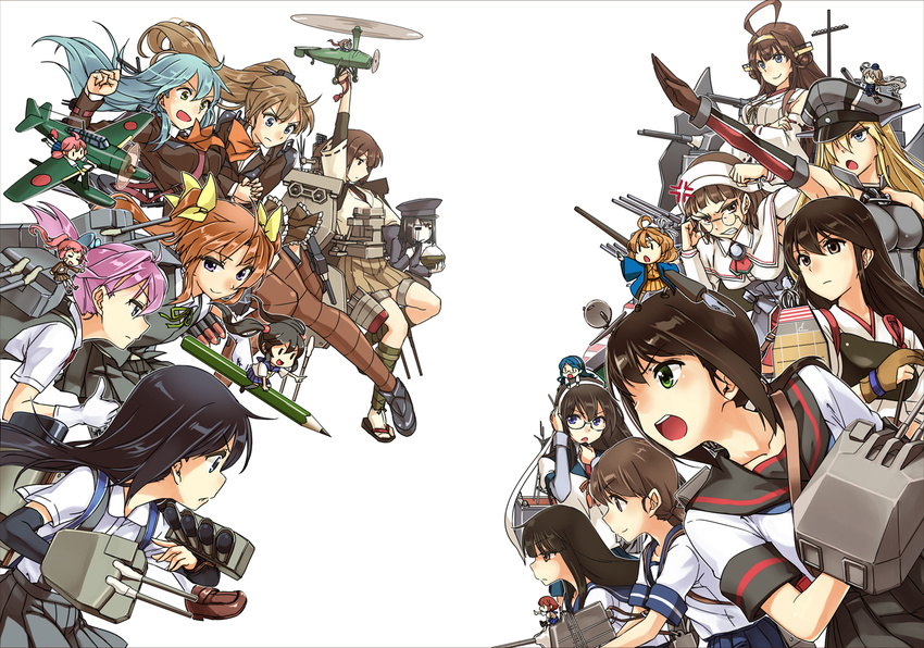 6+girls 61cm_quintuple_(oxygen)_torpedo_mount abo_(hechouchou) ahoge akagi_(kantai_collection) akitsu_maru_(kantai_collection) annoyed aqua_hair arm_warmers asashio_(kantai_collection) bangs bare_shoulders bike_shorts bismarck_(kantai_collection) black_hair black_legwear blonde_hair blue_eyes blunt_bangs brown_eyes brown_hair capelet damage_control_goddess_(kantai_collection) detached_sleeves double_bun e16a_zuiun fairy_(kantai_collection) fleet_command_facility fubuki_(kantai_collection) fumo25_radar glasses gloves green_eyes green_hair hair_ornament hairband hairclip hat hatsuyuki_(kantai_collection) hime_cut hyuuga_(kantai_collection) japanese_clothes ka_type_observation_autogyro kagerou_(kantai_collection) kantai_collection kongou_(kantai_collection) kumano_(kantai_collection) long_hair machinery military military_uniform multiple_girls nontraditional_miko ooyodo_(kantai_collection) open_mouth opposing_sides peaked_cap pencil pince-nez pink_hair ponytail purple_eyes remodel_(kantai_collection) roma_(kantai_collection) sailor_collar salute school_uniform shiranui_(kantai_collection) shirayuki_(kantai_collection) short_hair short_sleeves sidelocks skirt straight-arm_salute suspenders suzuya_(kantai_collection) thighhighs twintails type_13_air_radar_kai uniform wavy_hair white_background white_gloves zuiun_(kantai_collection)