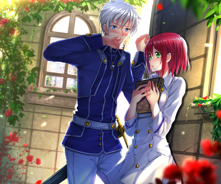 1girl akagami_no_shirayukihime blue_eyes blush green_eyes red_hair shirayuki_(akagami_no_shirayukihime) short_hair swordsouls wall_slam zen_wistalia