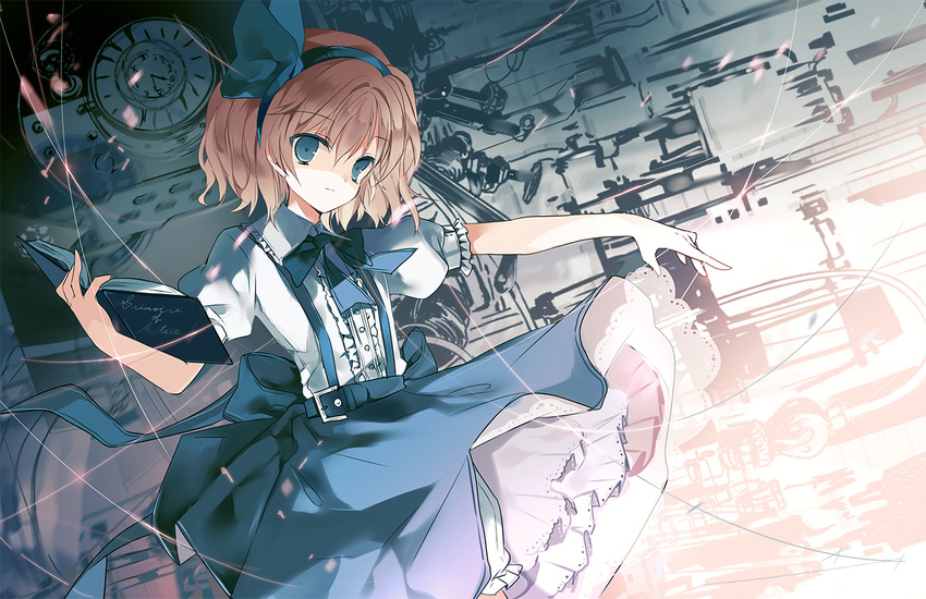 alice_margatroid alice_margatroid_(pc-98) blonde_hair blue_skirt book cierra_(ra-bit) clock grimoire_of_alice hair_ribbon machinery open_book outstretched_arm puffy_short_sleeves puffy_sleeves puppet_strings ribbon sash shaded_face shirt short_sleeves skirt solo suspender_skirt suspenders touhou touhou_(pc-98)