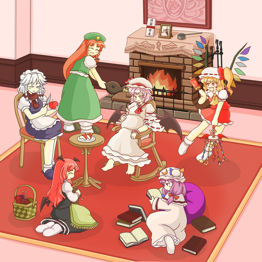 :&lt; :d ^_^ apple apple_bunny apron ascot barefoot basket bat_wings bean_bag_chair bellows blonde_hair blue_dress book bow braid brooch capelet chair china_dress chinese_clothes closed_eyes commentary_request crescent dress eyebrows fang fire fireplace flandre_scarlet food frame fruit full_body hair_ribbon hand_on_own_stomach happy hat hat_bow head_wings highres holding holding_book hong_meiling indoors izayoi_sakuya jewelry knife knitting knitting_needle koakuma laevatein lavender_hair light_smile long_hair long_sleeves lying maid maid_headdress mob_cap mobile multiple_girls needle on_side open_book open_mouth patchouli_knowledge photo_(object) plate pregnant purple_dress purple_eyes purple_hair rattle reading red_eyes red_hair remilia_scarlet ribbon rocking_chair rug scarf shirt short_hair short_sleeves side_ponytail silver_hair sitting skirt skirt_set slippers smile socks standing star table tfv touhou tress_ribbon twin_braids vest wainscoting waist_apron white_shirt wide_sleeves wings yarn yarn_ball