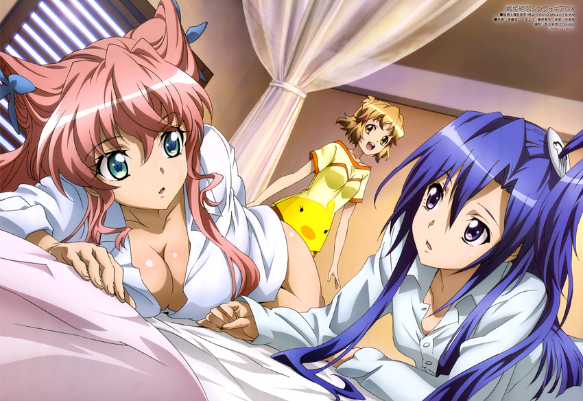 absurdres blue_hair breasts brown_eyes brown_hair cleavage dress_shirt gotou_keiji green_eyes highres kazanari_tsubasa long_hair maria_cadenzavna_eve medium_breasts multiple_girls naked_shirt non-web_source one_side_up pink_hair purple_eyes senki_zesshou_symphogear shirt short_hair tachibana_hibiki_(symphogear)