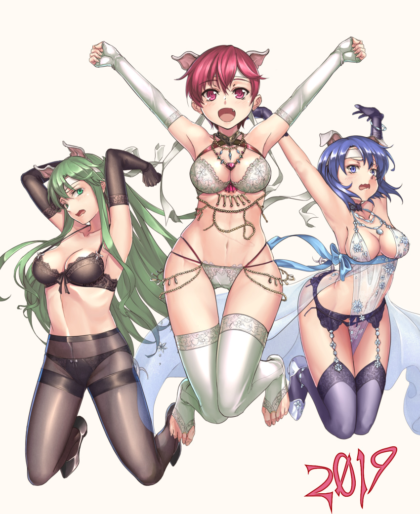 3girls alba animal_ears blue_eyes blue_hair blush bra breasts cat_ears embarrassed est fate/grand_order fate_(series) fingerless_gloves fire_emblem fire_emblem:_monshou_no_nazo fire_emblem_heroes gloves green_eyes green_hair headband highres katua lingerie long_hair looking_at_viewer multiple_girls nintendo open_mouth panties pantyhose paola pegasus_knight red_hair short_hair siblings sisters smile thighhighs underwear