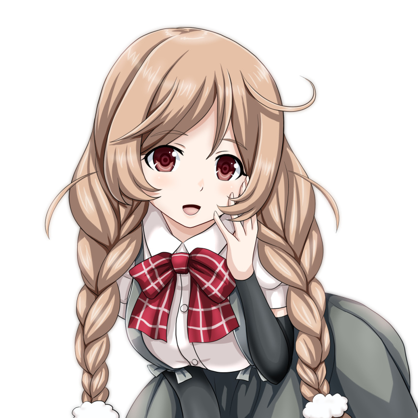 1girl arm_warmers blush bow bowtie braid breasts collared_shirt cowboy_shot eyebrows_visible_through_hair grey_skirt hair_between_eyes hand_on_own_cheek highres kantai_collection large_breasts light_brown_hair long_hair looking_at_viewer minegumo_(kantai_collection) open_mouth pleated_skirt red_eyes red_neckwear school_uniform shirt short_sleeves simple_background skirt solo suspender_skirt suspenders tk8d32 twin_braids white_background white_shirt