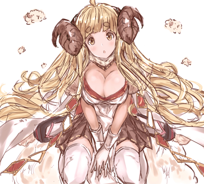 :o ahoge anila_(granblue_fantasy) bangs black_skirt blonde_hair blush breast_squeeze breasts cleavage draph eyebrows eyebrows_visible_through_hair fur_trim gloves granblue_fantasy horns large_breasts long_hair looking_at_viewer miniskirt moko_(alice) open_mouth pleated_skirt sheep sheep_horns short_eyebrows simple_background sitting skirt solo tareme thick_eyebrows thighhighs v_arms very_long_hair wariza white_background white_gloves white_legwear yellow_eyes zettai_ryouiki