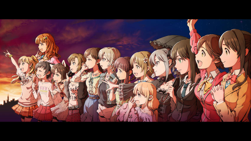 absurdres akagi_miria anastasia_(idolmaster) animal_ears blonde_hair blue_eyes brown_eyes brown_hair cardigan cat_ears clothes_writing dress flower futaba_anzu gothic_lolita green_eyes group_picture group_profile hair_flower hair_ornament headphones highres honda_mio hood hooded_track_jacket idolmaster idolmaster_cinderella_girls jacket jewelry jougasaki_rika kanzaki_ranko letterboxed lineup lolita_fashion long_hair maekawa_miku mimura_kanako moroboshi_kirari multiple_girls necklace nitta_minami ogata_chieri one_side_up open_mouth orimesoma parasol plaid plaid_skirt profile red_eyes school_uniform shibuya_rin shimamura_uzuki shirt short_hair side_ponytail silver_hair skirt smile stuffed_animal stuffed_bunny stuffed_toy sweater_vest t-shirt tada_riina track_jacket twintails two_side_up umbrella