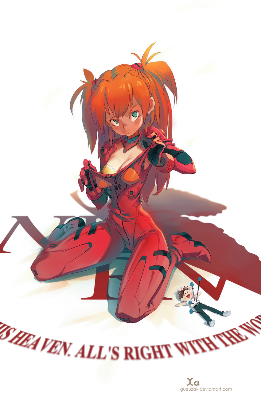 absurdres blue_eyes bodysuit breasts character_doll cleavage doll full_body highres ikari_shinji long_hair looking_at_viewer neon_genesis_evangelion nerv orange_hair plugsuit pursed_lips sitting small_breasts solo souryuu_asuka_langley two_side_up undressing voodoo_doll wariza watermark web_address xavier_houssin